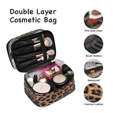 imerelez Double-layer Cosmetic Bag Makeup Bag Travel Makeup Bag Makeup Bags for Women Cosmetics Cases Portable Waterproof Foldable (Leopard)