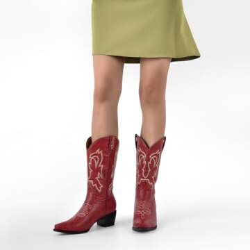 LISHAN Women's Western Boots Cowboy Cowgirl Boots Pull On Embroidered Chunky Block Heel Comfortable Mid Calf Under the Knee High PU Boots Small Square Toe Country Western Party Shoes Red Size 8