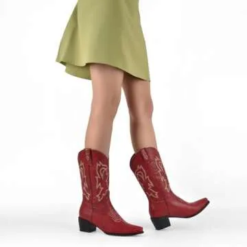 LISHAN Women's Western Boots Cowboy Cowgirl Boots Pull On Embroidered Chunky Block Heel Comfortable Mid Calf Under the Knee High PU Boots Small Square Toe Country Western Party Shoes Red Size 8