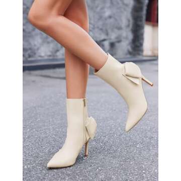 Coutgo Womens High Heel Ankle Boots Pointed Toe Bow Side Zipper Booties Stiletto Winter Booties Casual Dress Shoes, Beige, Size 7.5