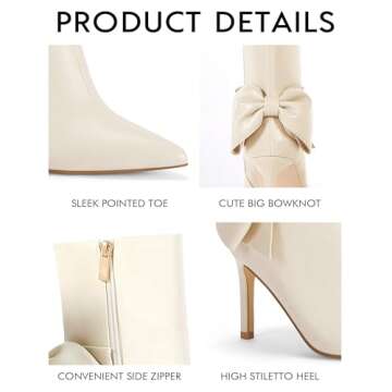 Coutgo Womens High Heel Ankle Boots Pointed Toe Bow Side Zipper Booties Stiletto Winter Booties Casual Dress Shoes, Beige, Size 7.5