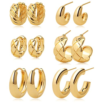 6 Pairs Gold Hoop Earrings Set 14k Gold Plated Huggie Earrings Hypoallergenic Chunky Thick Jewelry f...