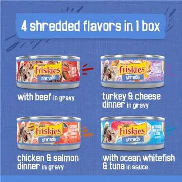 Purina Friskies Wet Cat Food Variety Pack, Shreds With Beef, Turkey and Cheese Dinner, Chicken and Salmon Dinner, and With Ocean Whitefish and Tuna - (Pack of 40) 5.5 oz. Cans