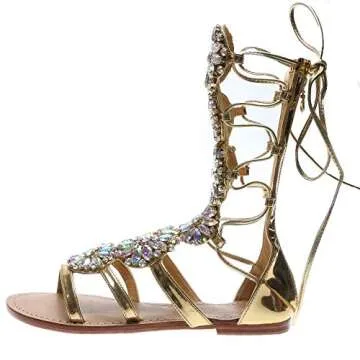 Women's Flat Rhinestone Summer Bandage Bling Sandals Gladiator Wedding Bridal Banquet High End Dress Sexy Silver Gold Beach Sandals (gold 38)