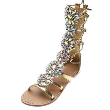 Women's Flat Rhinestone Summer Bandage Bling Sandals Gladiator Wedding Bridal Banquet High End Dress Sexy Silver Gold Beach Sandals (gold 38)