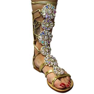Women's Flat Rhinestone Summer Bandage Bling Sandals Gladiator Wedding Bridal Banquet High End Dress Sexy Silver Gold Beach Sandals (gold 38)