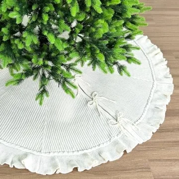 Elegant Hand-Knit Christmas Tree Skirt with Lace Ties