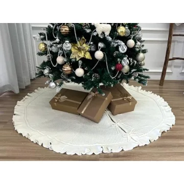 Elegant Hand-Knit Christmas Tree Skirt with Lace Ties