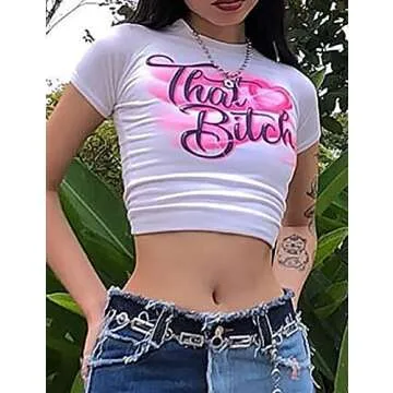 MISSACTIVER Women’s Y2K Dump Him Letter Print Crop T-Shirt Streetwear O-Neck Short Sleeve Crop Tops 2000s Aesthetics (Small, White&Pink)