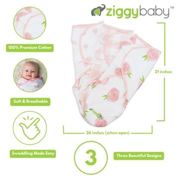 Ziggy Baby Baby Girl Swaddle Blanket Adjustable Wrap Set Size Small/Medium, 0-3 Months - 3 Pack - Pink Peony, Pink Heart, Pink Buffalo Plaid - Newborn Swaddle, Baby Swaddles