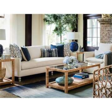 Coastal Living Escape Long Key Cocktail Table Rectangular Coffee Table in Woven Rattan with Glass To...