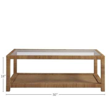 Coastal Living Escape Long Key Cocktail Table Rectangular Coffee Table in Woven Rattan with Glass Top and Underneath Storage