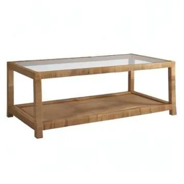 Coastal Living Escape Long Key Cocktail Table Rectangular Coffee Table in Woven Rattan with Glass Top and Underneath Storage