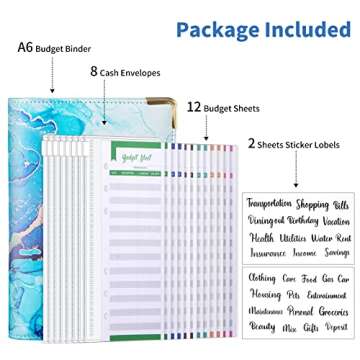 Budget Binder, A6 Marble PU Leather Binder, Money Saving Organizer/ Planner with 8 Zipper Cash Envel...