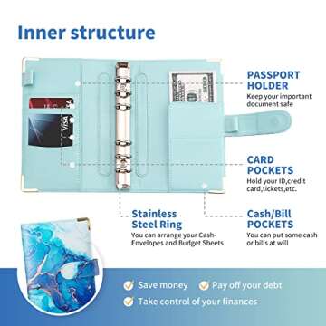 Budget Binder, A6 Marble PU Leather Binder, Money Saving Organizer/ Planner with 8 Zipper Cash Envelopes, 12 Expense Budget Sheets & 2 Letter Label Sticker for Budgeting