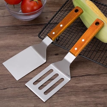 KLAQQED 2 PCS Metal Spatula for Cast Iron Skillet, Stainless Steel Grill Spatula Slotted Spatula Turner Fish Spatula with Wood Handle, Flat Top Grill Spatula, Griddle Metal Spatulas for Cooking BBQ