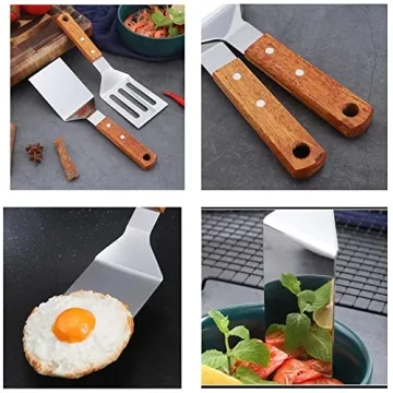 KLAQQED 2 PCS Metal Spatula for Cast Iron Skillet, Stainless Steel Grill Spatula Slotted Spatula Turner Fish Spatula with Wood Handle, Flat Top Grill Spatula, Griddle Metal Spatulas for Cooking BBQ