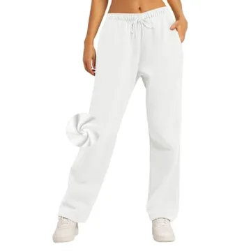AUTOMET Women's Fleece Lined Wide Leg Sweatpants with Pockets in White