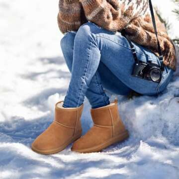 Litfun Suede Mini Boots for Women Winter Warm Fuzzy Boots Comfort Snow Boots with Fur Lined, Chestnu...