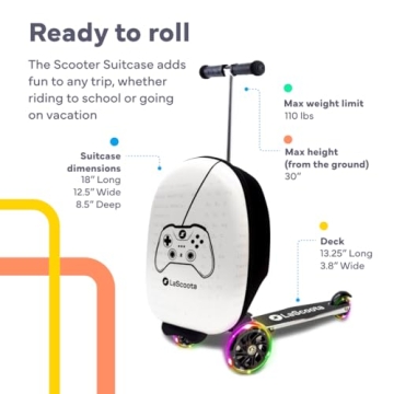 Lascoota Scooter Suitcase, Foldable Scooter Luggage For Kids - Lightweight Ride-on Luggage Scooter with Wheels, LED Lights - Videogame Graphic, Ride-On Suitcase Scooter for Kids Ages 2-5