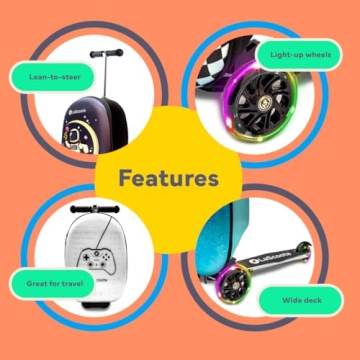 Lascoota Scooter Suitcase, Foldable Scooter Luggage For Kids - Lightweight Ride-on Luggage Scooter with Wheels, LED Lights - Videogame Graphic, Ride-On Suitcase Scooter for Kids Ages 2-5