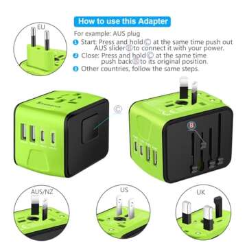 SAUNORCH Travel Adapter Worldwide, Universal International Power Plug Adapter W/2.4A 2xUSB-A and 3.0A 2xType-C Wall Charger, European Travel Plug Adapter for Europe UK EU US CA AU Italy Asia-Green