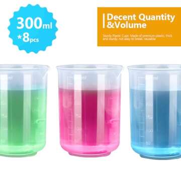 LEOBRO 8PCS 300ml Liquid Measuring Mixing Cups for Epoxy Resin, Graduated Plastic Measuring Cups for Resin, Multipurpose Mixing Cups for Resin Epoxy Paint, Lab Use, with 50 PCS Mixing Sticks