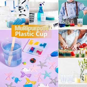 LEOBRO 8PCS 300ml Liquid Measuring Mixing Cups for Epoxy Resin, Graduated Plastic Measuring Cups for Resin, Multipurpose Mixing Cups for Resin Epoxy Paint, Lab Use, with 50 PCS Mixing Sticks