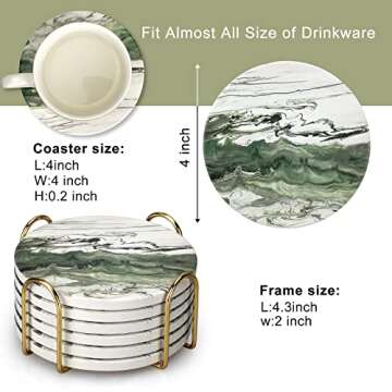 6 Pcs Green Ceramic Coasters with Holder Round Cool Drink Absorbent Coasters Set Best Modern Coffee ...