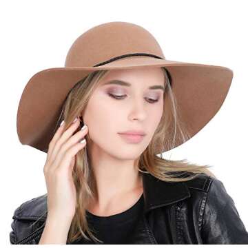 Lanzom Women Lady Retro Wide Brim Large Floppy Panama Hat Belt Wool Fedora Hat (Khaki, One Size)