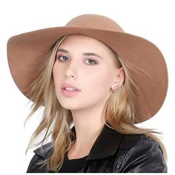 Lanzom Women Lady Retro Wide Brim Large Floppy Panama Hat Belt Wool Fedora Hat (Khaki, One Size)