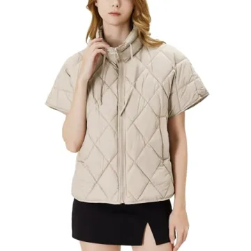 Ogfao Women's Puffer Vest Short Sleeves Lightweight Outerwear Vests Quilted Jacket Coat with Pockets Beige S