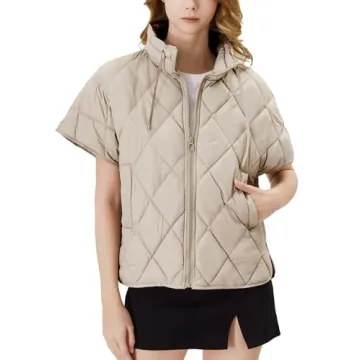 Ogfao Women's Puffer Vest Short Sleeves Lightweight Outerwear Vests Quilted Jacket Coat with Pockets Beige S