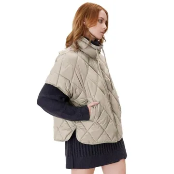 Ogfao Women's Puffer Vest Short Sleeves Lightweight Outerwear Vests Quilted Jacket Coat with Pockets Beige S