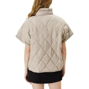 Ogfao Women's Puffer Vest Short Sleeves Lightweight Outerwear Vests Quilted Jacket Coat with Pockets Beige S
