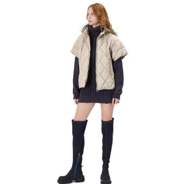 Ogfao Women's Puffer Vest Short Sleeves Lightweight Outerwear Vests Quilted Jacket Coat with Pockets Beige S