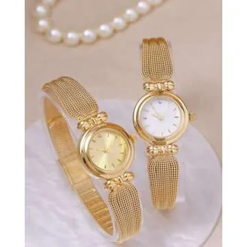 BESTKANG Fashion Simple Women's Quartz Watch Stainless Steel Mesh Strap Business Wrist Watch (Gold White), ZBS1807