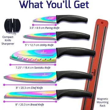 Colorful Kitchen Knife Set with Magnetic Holder and Sharpener