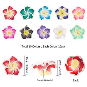 SUNNYCLUE 100Pcs 10 Color Polymer Clay Flower Beads Plumeria Spacer Loose Beads 15x8mm 5 Petal Summe...
