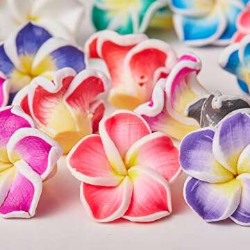 SUNNYCLUE 100Pcs 10 Color Polymer Clay Flower Beads Plumeria Spacer Loose Beads 15x8mm 5 Petal Summer Hawaii Floral Hawaiian Beach Spacer Charm Beads for Jewelry Earring Making Supplies DIY Craft