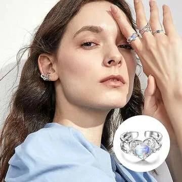 FIBO STEEL 12Pcs Y2k Rings Set for Women Grunge Jewelry Silver Adjustable Open Ring Moonstone Pearl Heart Cute Gothic Goth Aesthetic Y2k Accessories Stacking Rings Set Style2