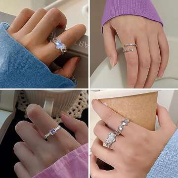 FIBO STEEL 12Pcs Y2k Rings Set for Women Grunge Jewelry Silver Adjustable Open Ring Moonstone Pearl Heart Cute Gothic Goth Aesthetic Y2k Accessories Stacking Rings Set Style2