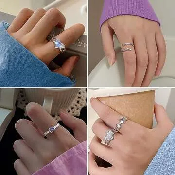 FIBO STEEL 12Pcs Y2k Rings Set for Women Grunge Jewelry Silver Adjustable Open Ring Moonstone Pearl Heart Cute Gothic Goth Aesthetic Y2k Accessories Stacking Rings Set Style2