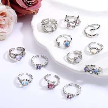 FIBO STEEL 12Pcs Y2k Rings Set for Women Grunge Jewelry Silver Adjustable Open Ring Moonstone Pearl Heart Cute Gothic Goth Aesthetic Y2k Accessories Stacking Rings Set Style2