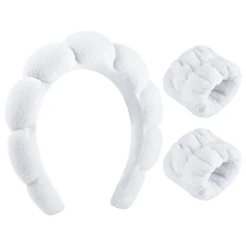 WSICSE Spa Headband for Washing Face, Sponge Skincare Headband and Wrist Washband Set White Makeup H...
