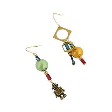 Steampunk Earrings Industrial Jewelry Mismatched Robot Yellow Glass Ball Dangle Earrings for Women