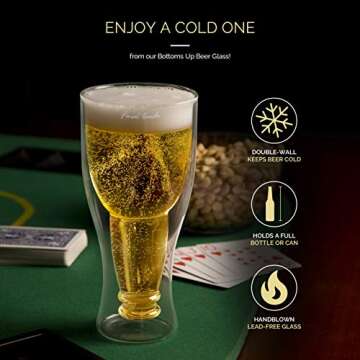 Final Touch Bottoms Up Double Wall Beer Glass - Hand-Blown, Dishwasher Safe