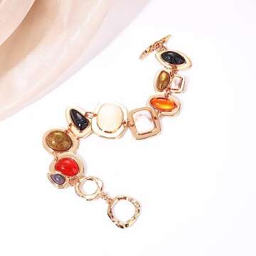 BVGA Gold Multi-Gemstone Charm Bracelet for Women Colorful Vintage Resin Gem Bracelet Jewelry Gifts