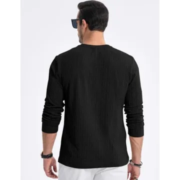 JMIERR Men's Long Sleeve Shirts Casual Crew Neck Old Money Pullover Christmas Sweater 2024 Fall Tee with Pocket, 2XL, Black