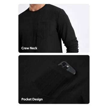 JMIERR Men's Long Sleeve Shirts Casual Crew Neck Old Money Pullover Christmas Sweater 2024 Fall Tee with Pocket, 2XL, Black